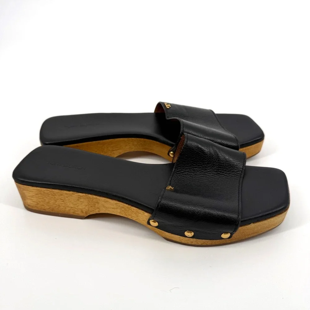 Tory Burch $298 Black Leather Clogs Sandals 9.5 Quiet Luxury Resort Capsule Chic